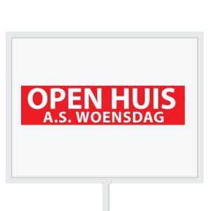 Reclameborden Totaal makelaarsstickers stickers voor makelaars Open huis aanstaande woensdag wit rood