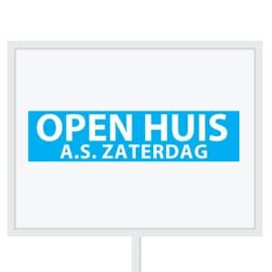 Reclameborden Totaal makelaarsstickers stickers voor makelaars Open huis aanstaande zaterdag wit licht blauw