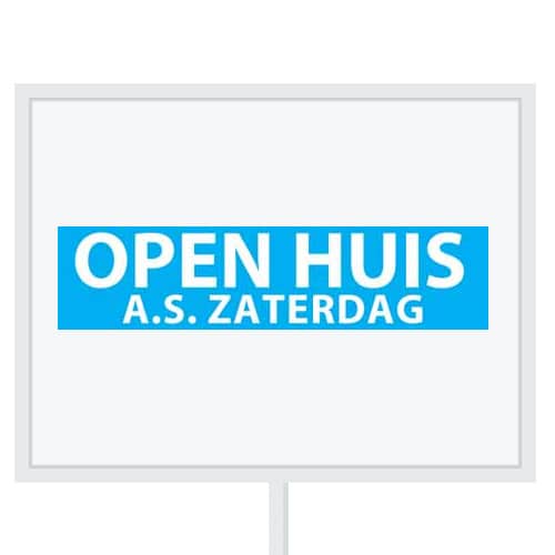 Reclameborden Totaal makelaarsstickers stickers voor makelaars Open huis aanstaande zaterdag wit licht blauw