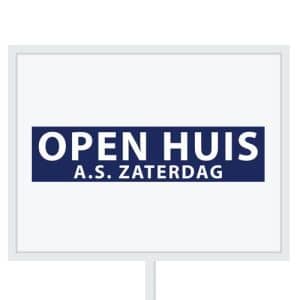 Reclameborden Totaal makelaarsstickers stickers voor makelaars Open huis aanstaande zaterdag wit royal blauw