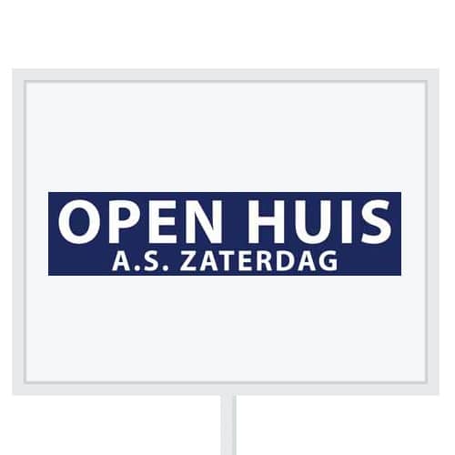 Reclameborden Totaal makelaarsstickers stickers voor makelaars Open huis aanstaande zaterdag wit royal blauw