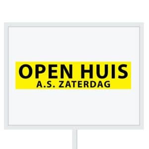 Reclameborden Totaal makelaarsstickers stickers voor makelaars Open huis aanstaande zaterdag zwart geel