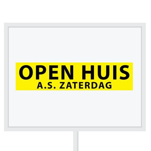 Reclameborden Totaal makelaarsstickers stickers voor makelaars Open huis aanstaande zaterdag zwart geel