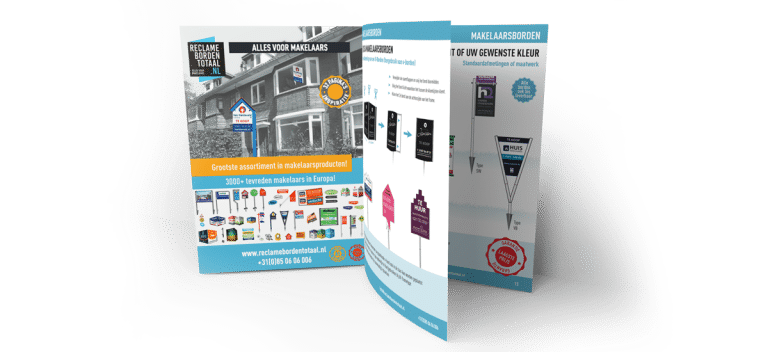 Reclameborden Totaal brochure voor makelaarsborden, v-borden, vitrinemedia, en sandwichborden. Het grootste assortiment makelaarsproducten