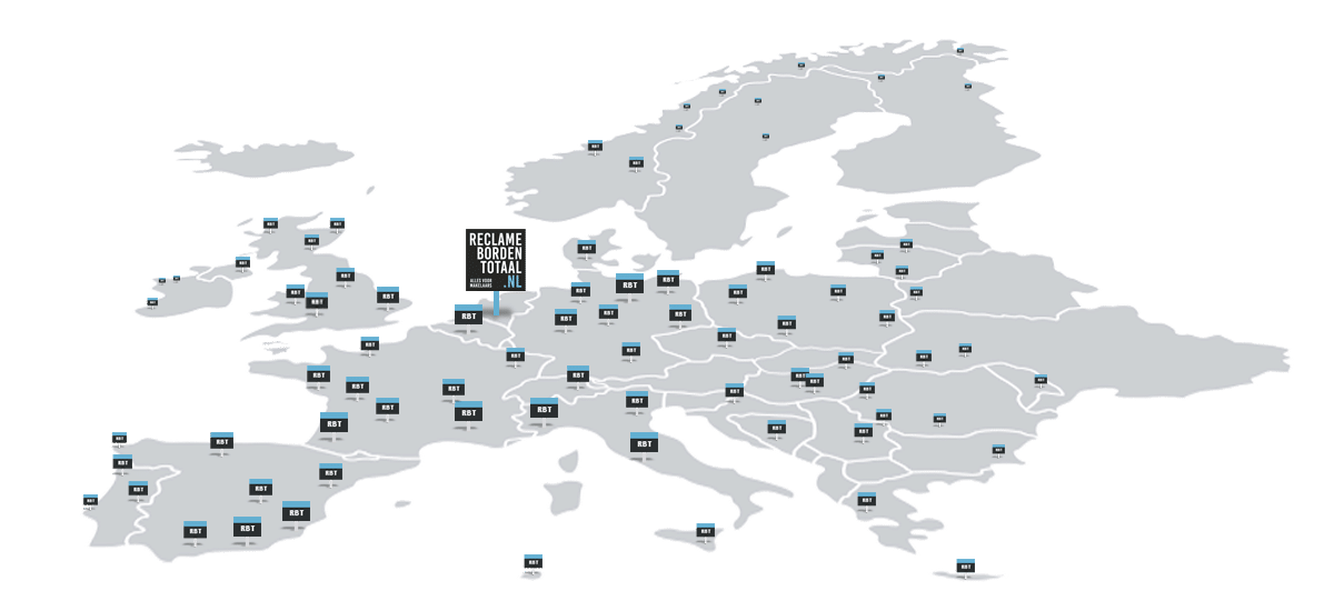 Levering van makelaarsborden, v-borden, stickers raampresentatie van Vitrinemedia en sandwichborden door geheel Europa
