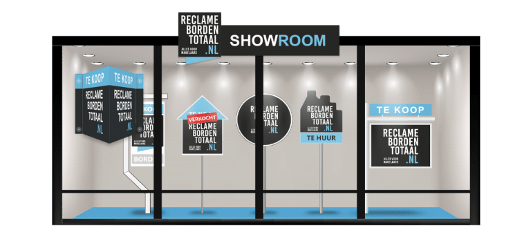 Onze showroom waar worden getoond v-borden, makelaarsborden, verkochtstickers, sandwichborden en de raampresentatie van Vitrinemedia