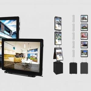 Vitrinemedia Raampresentatie bestaande uit VitrineMedia LED Displays vrijstaand. Dit iis een binnenoplossing voor LED presentatie van het aanbod van een makelaar